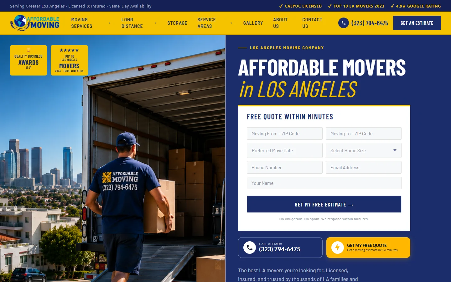 Affordable Moving homepage and estimate form